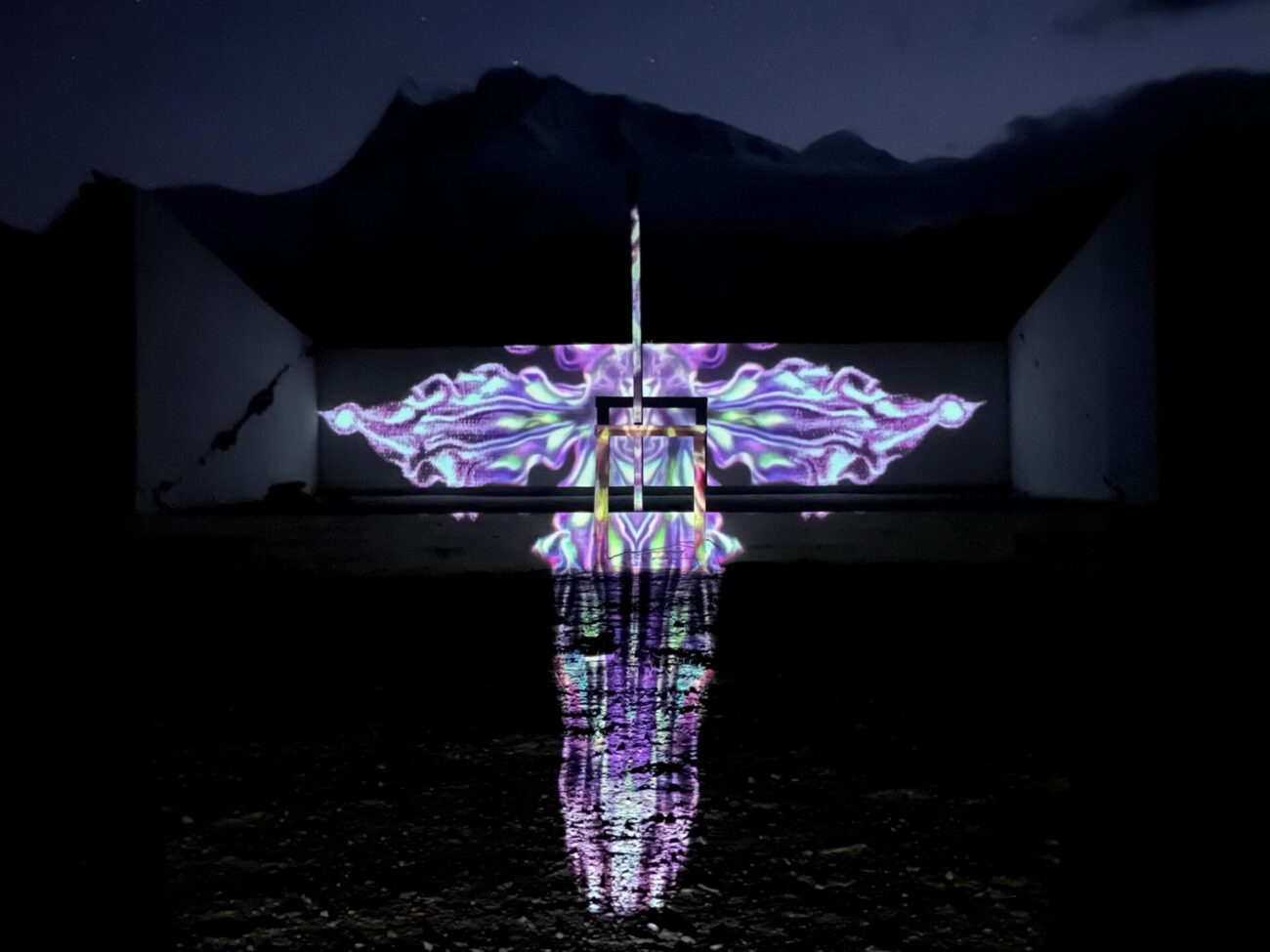 emma x zhang art Manang Neon Bug rock light installation, abstract symmetrical bug creation