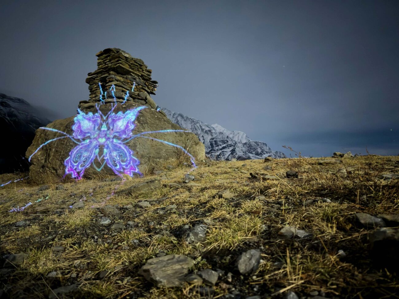 emma x zhang art Manang Neon Bug Landscape mountain light installation, abstract symmetrical bug creation