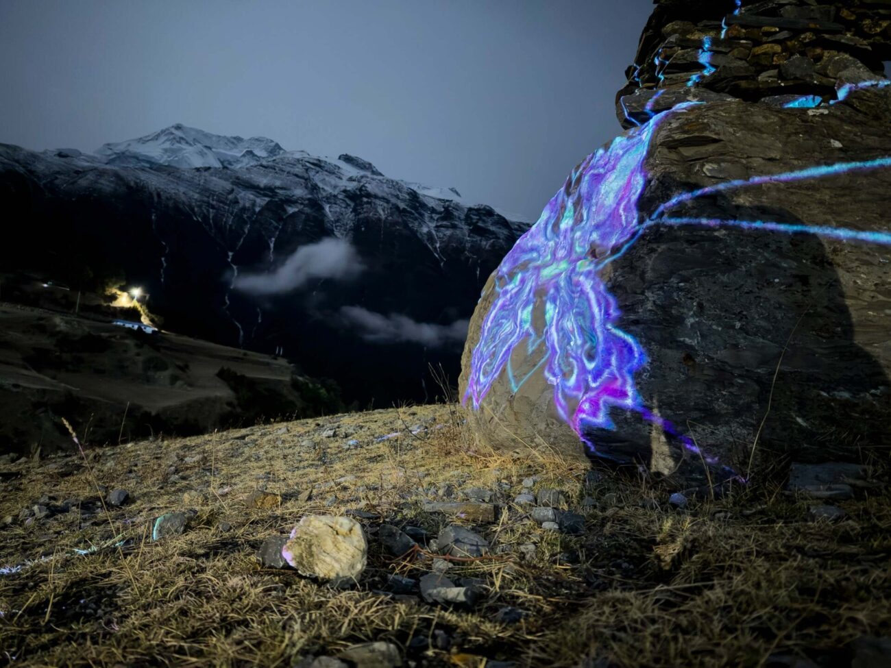 emma x zhang art Manang Neon Bug rock light installation, abstract symmetrical bug creation