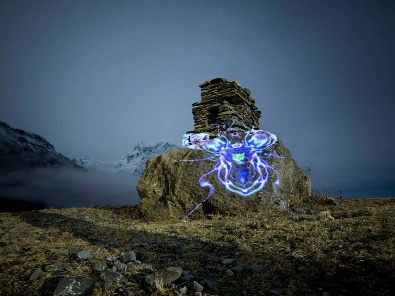 emma x zhang art Manang Neon Bug rock light installation, abstract symmetrical bug creation
