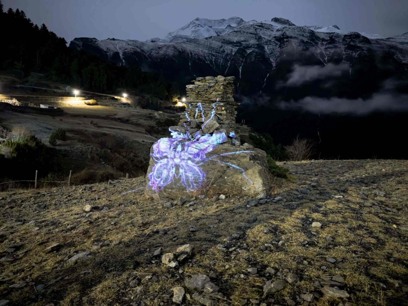 emma x zhang art Manang Neon Bug rock light installation, abstract symmetrical bug creation