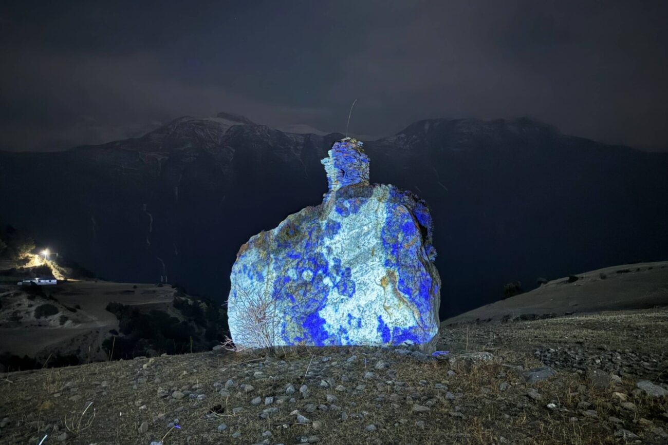 emma x zhang art Manang orange colourful rock light installation, abstract art