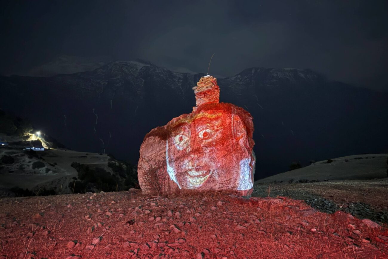 chris caines art Manang orange colourful rock light installation, abstract art